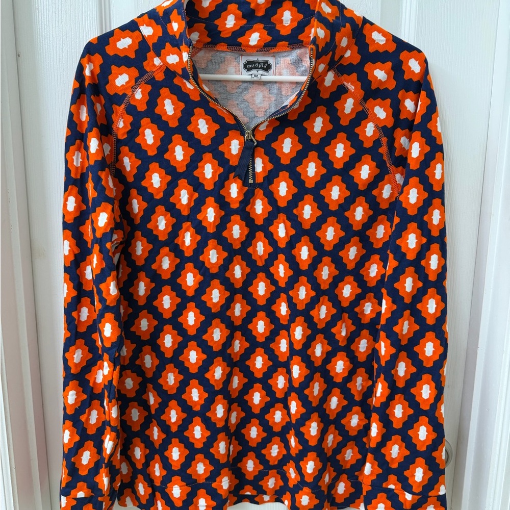 Muskie Orange and Navy Patterned Quarter-Zip Pullover